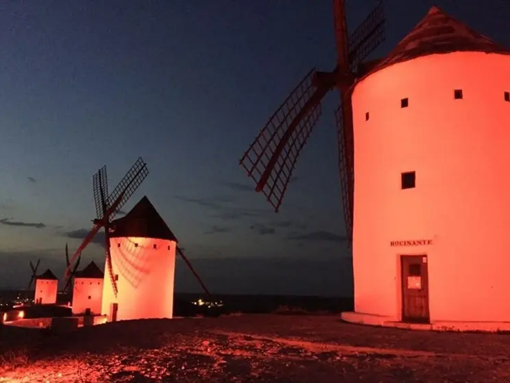 La fachada del Ayuntamiento, los molinos de viento y la rotonda de la máquina del tren, se iluminarán de color rojo hoy, lunes 30 de mayo, con motivo del Día Mundial de la Esclerosis Múltiple.