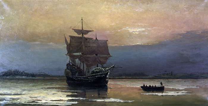 “Mayflower en el Puerto de Plymouth" por William Halsall (1882). Fuente: Wikipedia