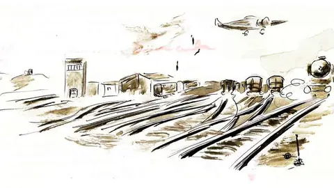 Bombardeo Estaci&oacute;n de Ferrocarril de Alc&aacute;zar, acuarela Te&oacute;filo Zarce&ntilde;o. Fuente: https://salitre.patronatoculturaalcazar.org/