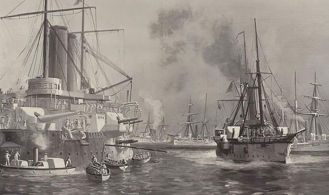 Barcos de guerra británicos durante el bombardeo del Palacio del Sultán.          Ilustración del Illustrated London News.

                Fuente: historia.nationalgeographic.com.es