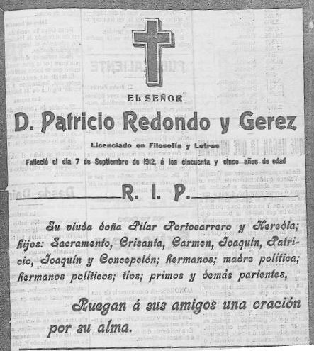 Esquela mortuoria de Don Patricio Redondo. Fuente: prensahistorica.mcu.es