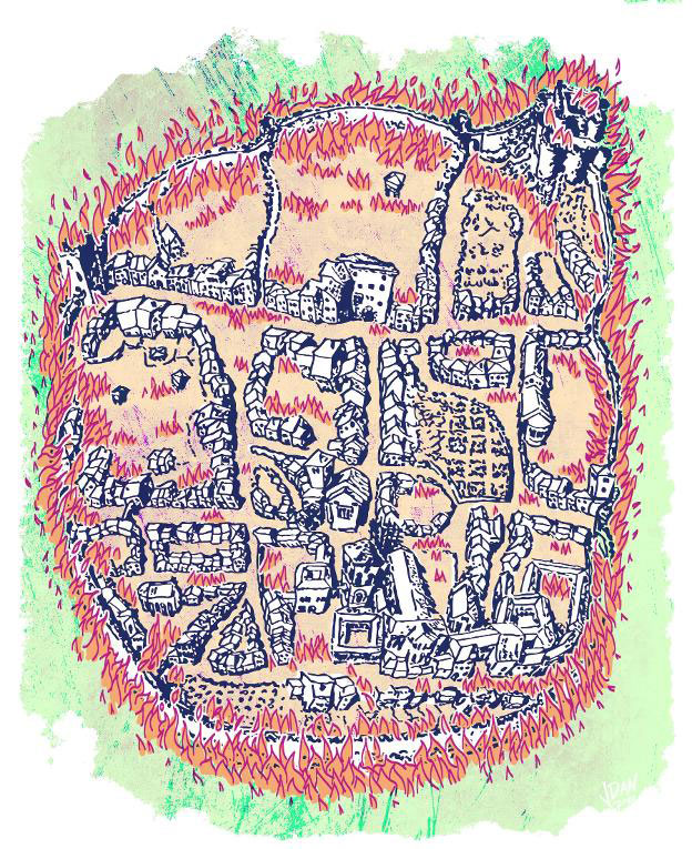 Plano de la ciudad medieval coloreado con las llamas.

                                                                                                                                              Fuente: elcomercio.es