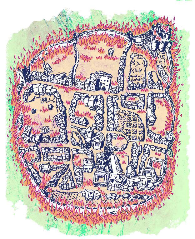 Plano de la ciudad medieval coloreado con las llamas.
Fuente: elcomercio.es