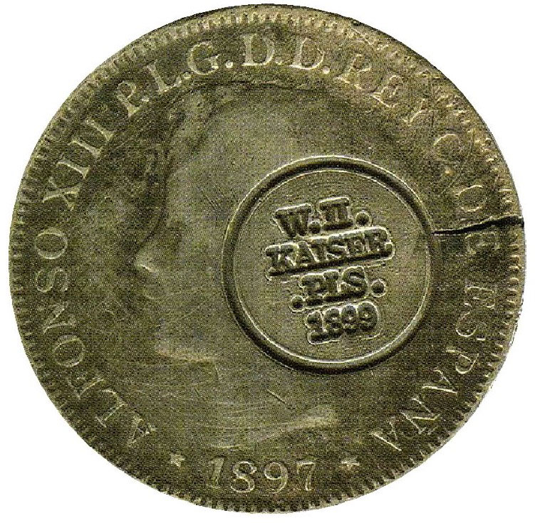 Moneda española de Alfonso XIII con resello conmemorativo de la ocupación alemana. Fuente: es.wikipedia.org