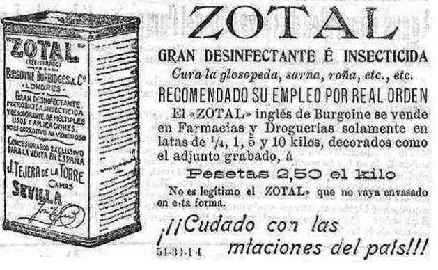 El popular Zotal durante décadas, desinfectante contra la Gripe Española. Fuente: campodesanjuan.org