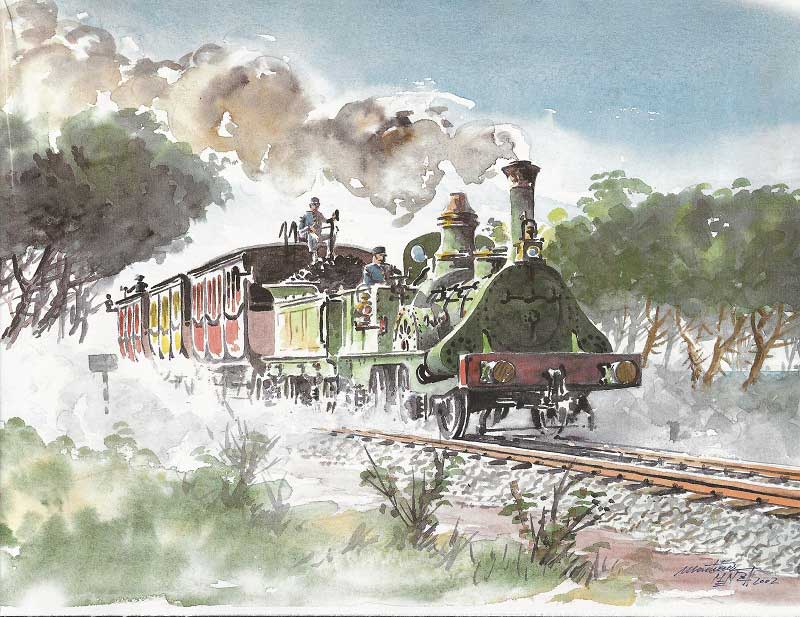 Pintura réplica del tren Barcelona-Mataró por Adolfo Martínez Mendoza. Fuente: trenvista.net