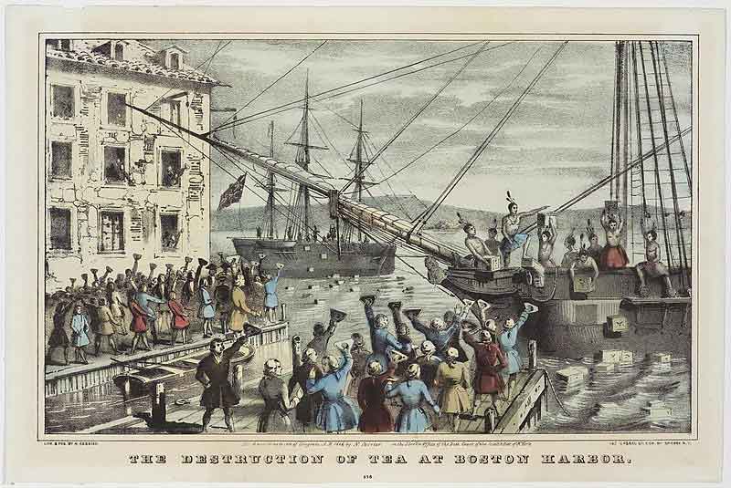“La destrucción del té en el puerto de Boston” por Nathaniel Currier (1846). Fuente: es.wikipedia.org