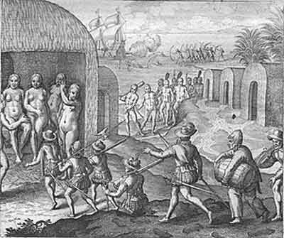 Américo Vespucio en la Isla de los Gigantes, por Theodor de Bry (1592). Fuente: es.wikipedia.org