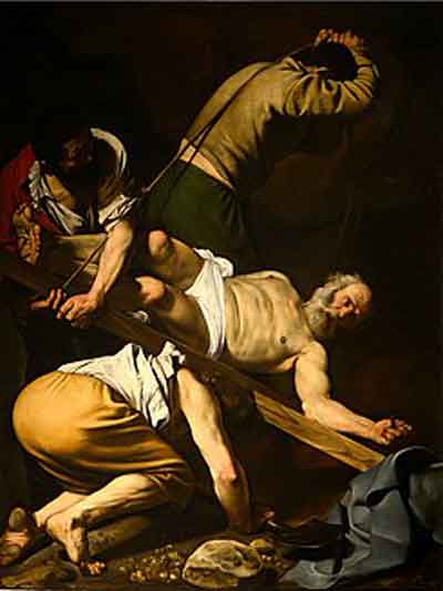 La Crucifixión de San Pedro por Caravaggio (1601). Fuente: es.wikipedia.org