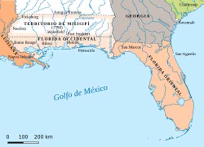 Ubicación -en naranja claro- de La Florida española. Fuente: es.wikipedia.org
