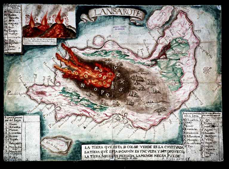 Mapa histórico de la erupción del Timanfaya. Fuente: verdeyazul.diarioinformacion.com