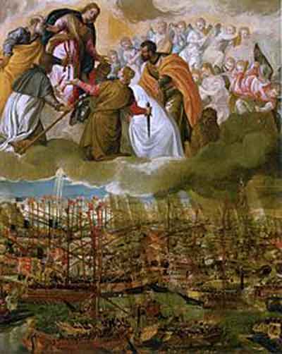 Alegoría donde se muestra el apoyo de la Virgen María a la Liga Santa. Fuente: es.wikipedia.org