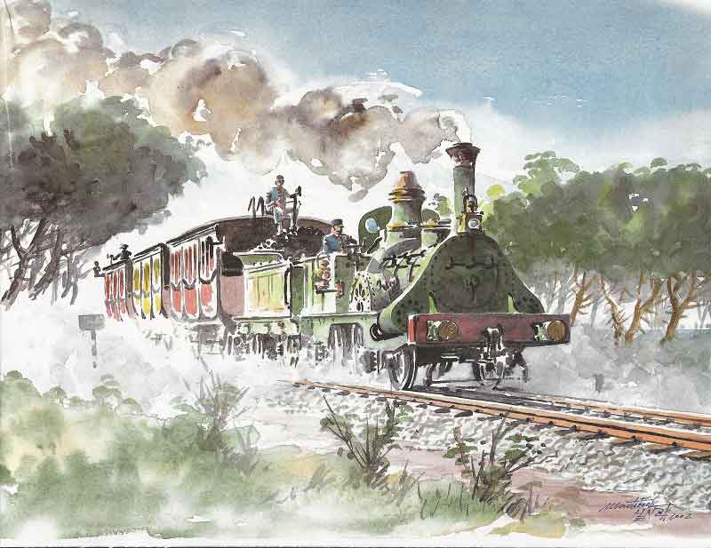 Pintura réplica del tren Barcelona-Mataró por Adolfo Martínez Mendoza. Fuente: trenvista.net