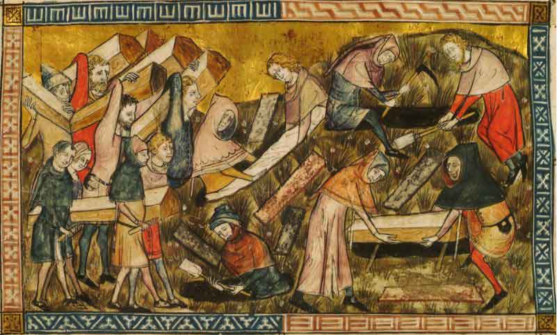 Entierro de víctimas de la peste negra, por Pierart dou Tielt (1353). Fuente: wikiwand.com