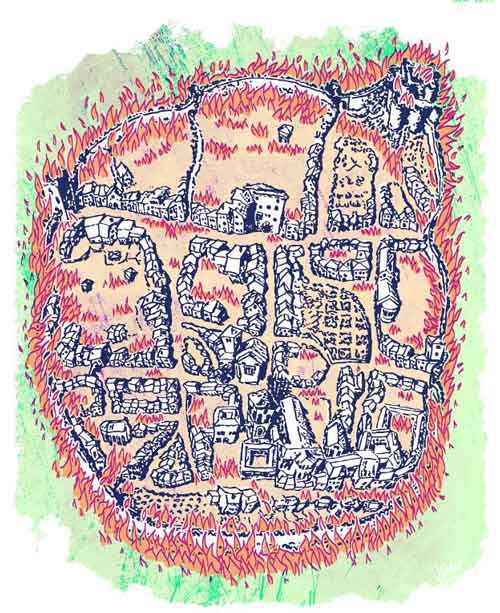 Plano de la ciudad medieval coloreado con las llamas. Fuente: elcomercio.es