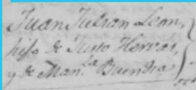 Detalle del bautizo de Julián Hervás. Fuente: Archivo Parroquial de la Santísima Trinidad Bautismos de Torralba de Calatrava. Libro de Bautismo (1823-1832), folio 45-v.