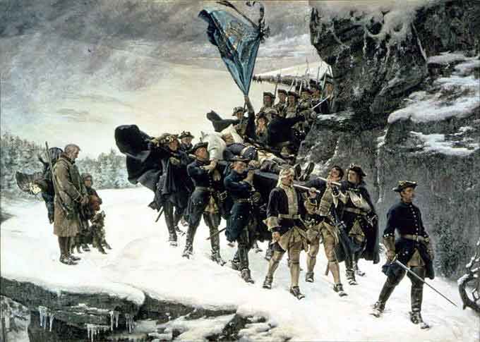 El cadáver de Carlos XII es transportado a Suecia tras el fracaso en Noruega, por Gustaf Cederström (1884). Fuente: es.wikipedia.org