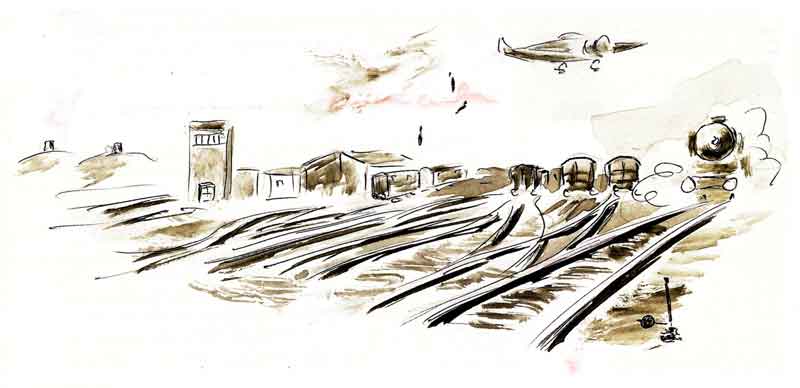 Bombardeo Estación de Ferrocarril, acuarela Teofilo Zarceño. Fuente: salitre.patronatoculturaalcazar.org